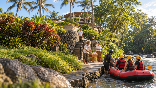 Guests arriving by raft at a tropical Bali resort, where staff wait with towels and refreshments at the river’s edge.