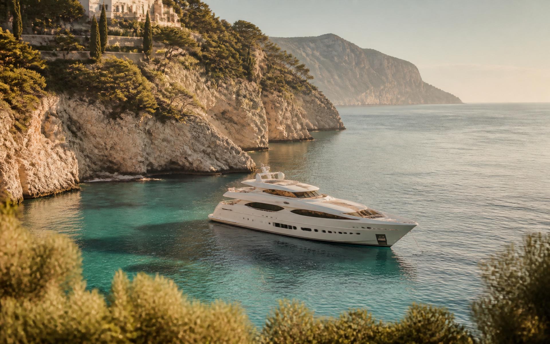 A private yacht moored beneath a Mediterranean villa at golden hour