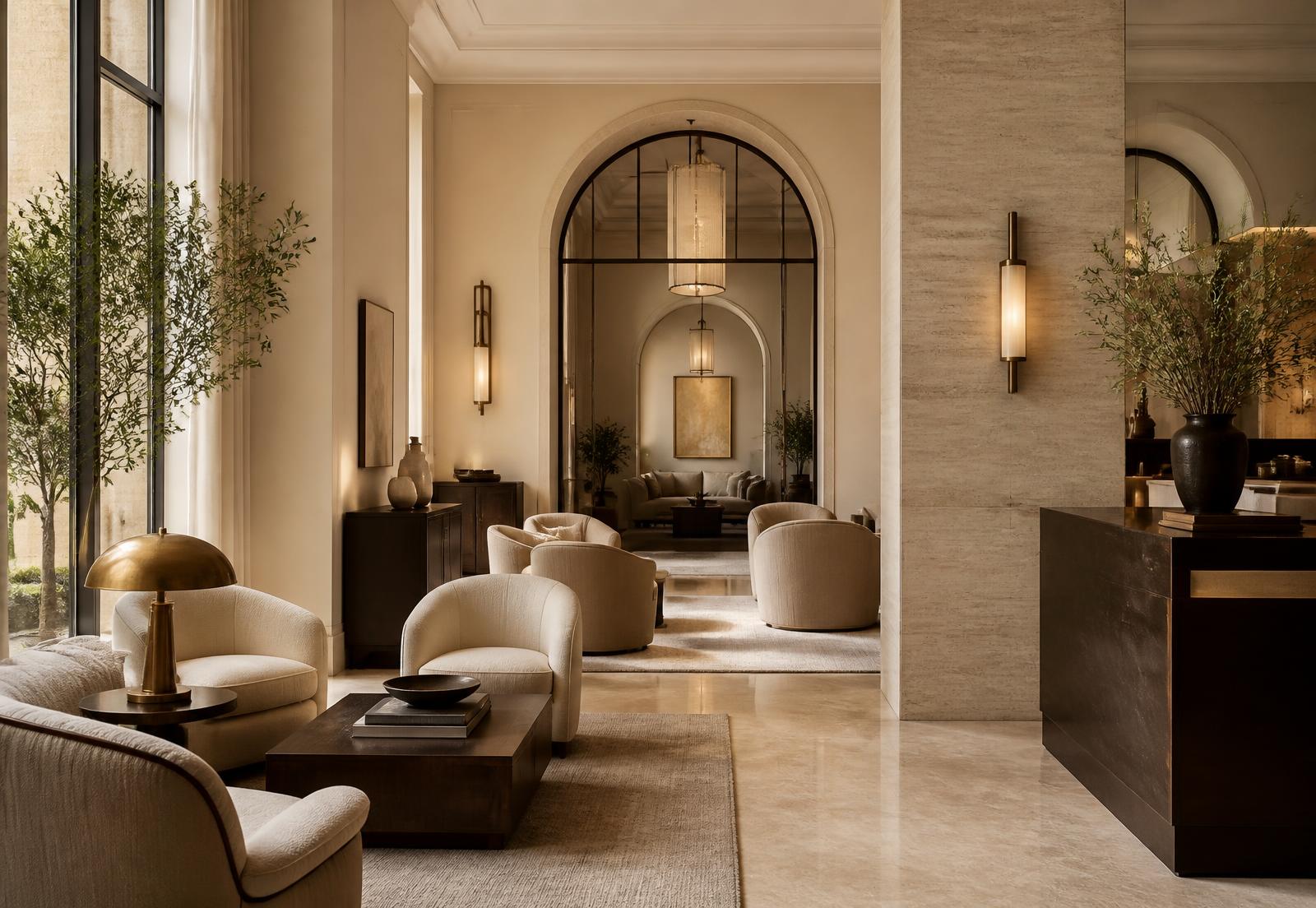 A calm hotel lounge in warm ivory and travertine with linen armchairs and bronze detailing.