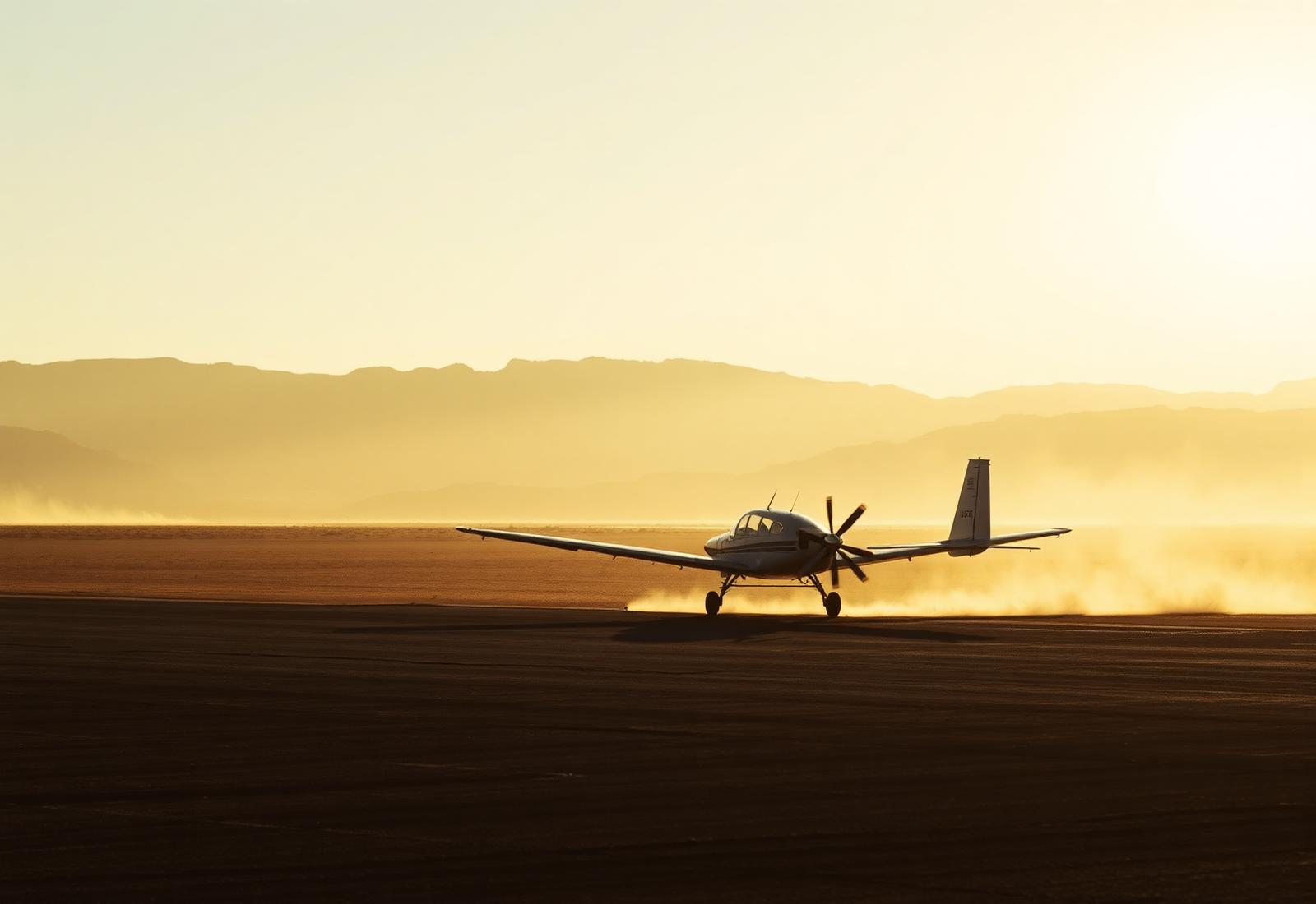 A small single-engine bush aircraft slowing to a stop on a dirt safari airstrip, sunlight cutting through suspended dust.