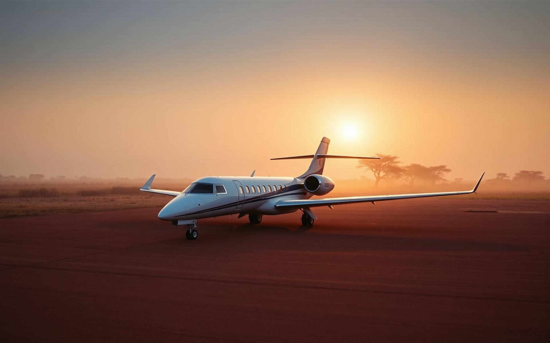 A private business jet at rest on a red-earth African airstrip at first light, acacia trees dissolving into the mist.