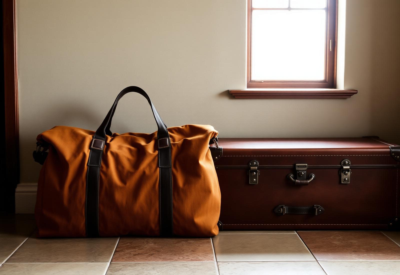 A soft-sided tan safari duffel resting beside an elegant leather trunk on a stone floor, lit by a single window.